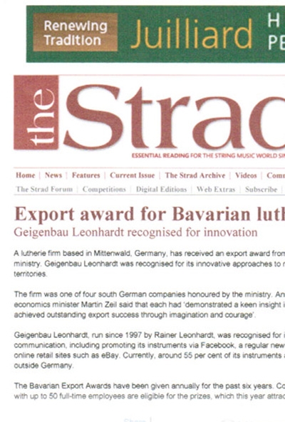 "Export Award for bavarian luthier" Artikel im Magazin "the Strad"