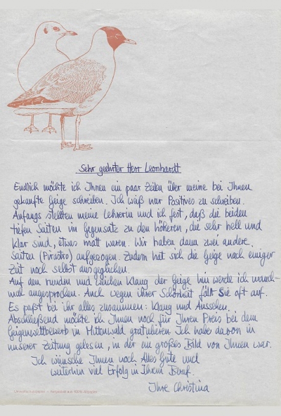 Eine sehr positive Rückmeldung über unsere Geige
