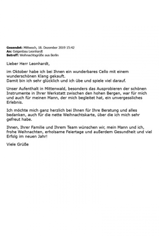 Weihnachtsgrüße eines erfreuten Cellokäufers aus Berlin
