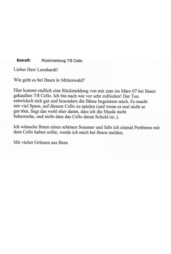 Rückmeldung aus Bern, über ein 7/8 Cello
