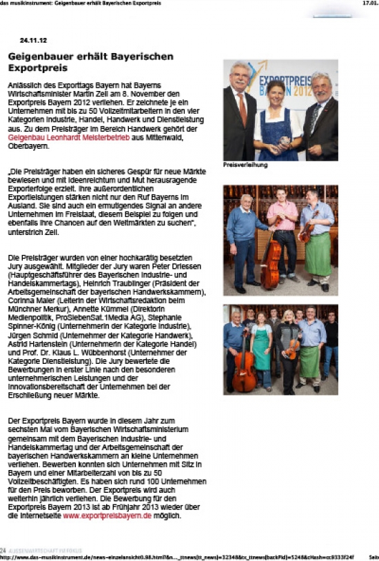 "Geigenbauer erhält bayerischen Exportpreis" das Musikinstrument
